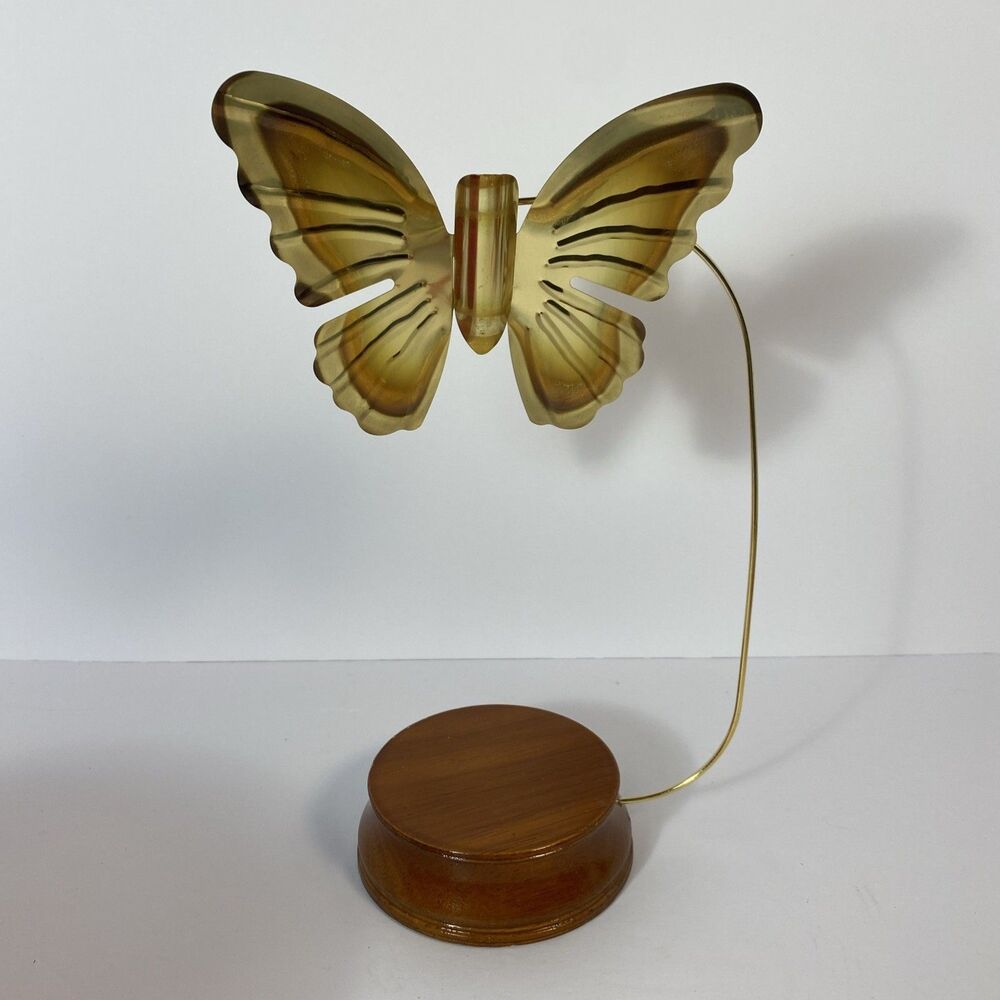 Vintage MCM Brass Butterfly Sculpture Amber Wings Wood Base